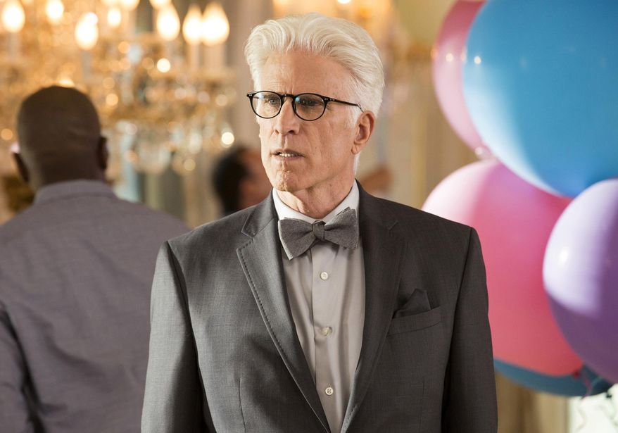 This image released by NBC shows Ted Danson as Michael in a scene from, "The Good Place," airing Thursdays at 8:30 p.m. EDT. (Justin Lubin/NBC via AP)