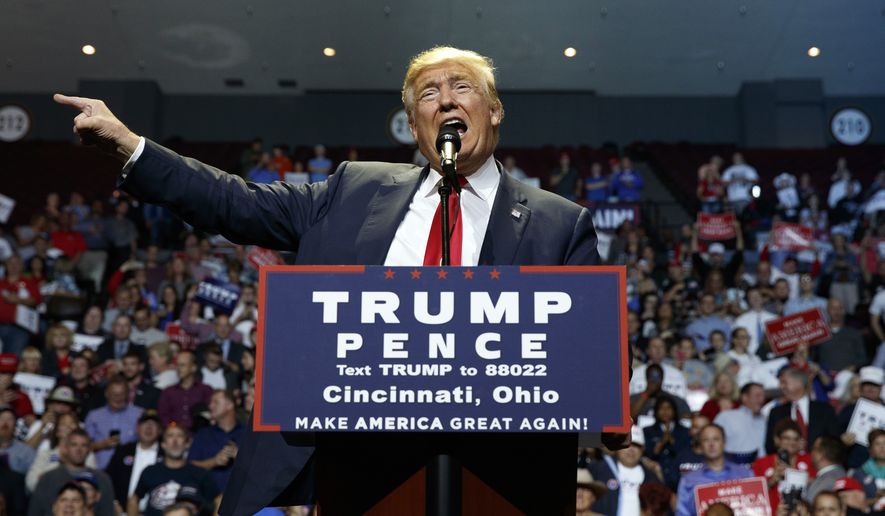 Republican presidential candidate Donald Trump speaks during a campaign rally, Thursday, Oct. 13, 2016, in Cincinnati, Ohio. (AP Photo/ Evan Vucci) ** FILE **