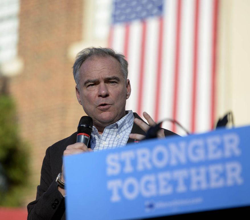 Democratic vice presidential candidate Sen. Tim Kaine talks to the crowd during a rally at Davidson College in Davidson, N.C., Wednesday, Oct. 12, 2016. (David T. Foster III/The Charlotte Observer via AP)