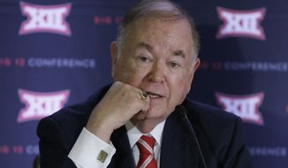 FILE - In this June 2, 2016, file photo, University of Oklahoma President David Boren speak to reporters after the second day of the Big 12 sports conference meetings in Irving, Texas. The Big 12 board of directors meets Monday, Oct. 17, 2016, in Dallas and the topic of expansion will be addressed. Not necessarily decided, but definitely addressed. (AP Photo/LM Otero, File)