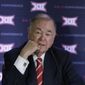 FILE - In this June 2, 2016, file photo, University of Oklahoma President David Boren speak to reporters after the second day of the Big 12 sports conference meetings in Irving, Texas. The Big 12 board of directors meets Monday, Oct. 17, 2016, in Dallas and the topic of expansion will be addressed. Not necessarily decided, but definitely addressed. (AP Photo/LM Otero, File)