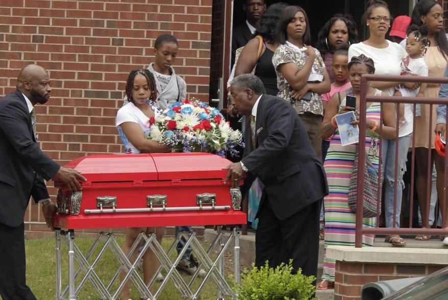 In this July 1, 2016 photo, the casket of 4-year-old Christopher Lassiter III is taken from the New Hope Baptist Church in East Orange, N.J. after a funeral service. Lassiter died at the hands of his 5-year-old brother on June 25. Authorities said the weapon belonged to their mother, but didn’t specify how the older child got hold of it. (Robert Sciarrino/NJ Advance Media via AP)