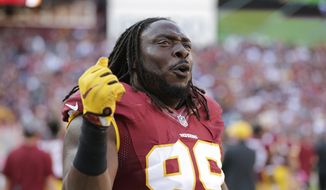 Washington Redskins defensive end Ricky Jean Francois celebrates in the final moments of an NFL football game against the Philadelphia Eagles, Sunday, Oct. 16, 2016, in Landover, Md. Washington won 27-20. (AP Photo/Mark Tenally)