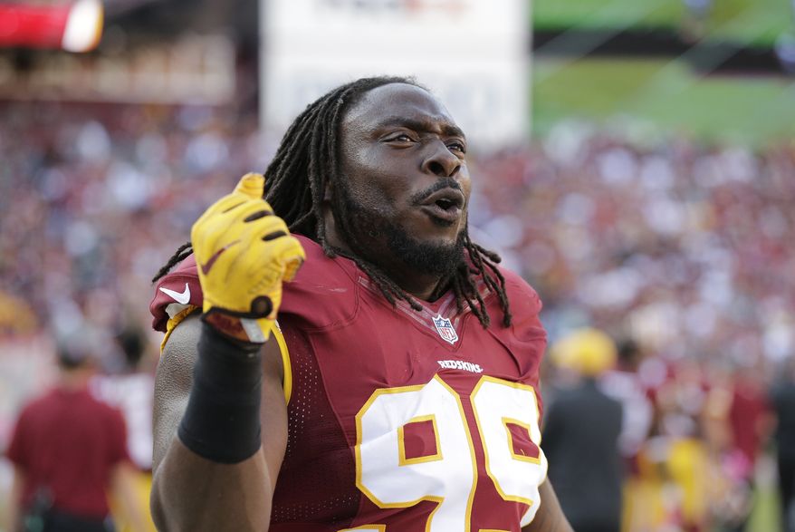 Washington Redskins defensive end Ricky Jean Francois celebrates in the final moments of an NFL football game against the Philadelphia Eagles, Sunday, Oct. 16, 2016, in Landover, Md. Washington won 27-20. (AP Photo/Mark Tenally)
