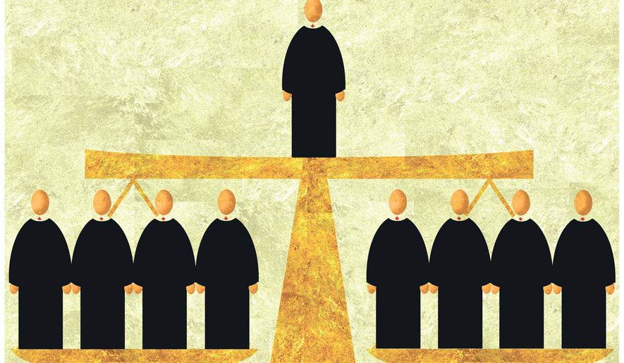 Illustration on one vote Supreme Court decisions by Alexander Hunter/The Washington Times