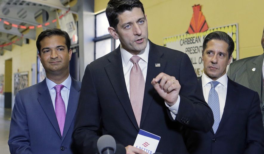 House Speaker Paul Ryan of Wis., center, talks to reporters as Rep. Carlos Curbelo, R-Fla., left, and Alberto Carvalho, right, Superintendent of Miami-Dade County Public Schools watch, during a visit at Caribbean Elementary School, Wednesday, Oct. 19, 2016, in Miami. The school has many students who are English Language Learners (ELL).  (AP Photo/Alan Diaz)
