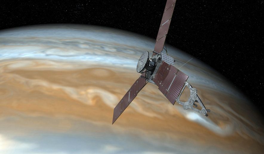 This undated artist&#x27;s rendering shows NASA&#x27;s Juno spacecraft making one of its close passes over Jupiter. NASA said Wednesday, Oct. 19, 2016, that the Juno spacecraft circling Jupiter went into safe mode, turning off its camera and instruments. The space agency said the Juno craft is healthy as engineers try to figure out what went wrong. (NASA via AP)