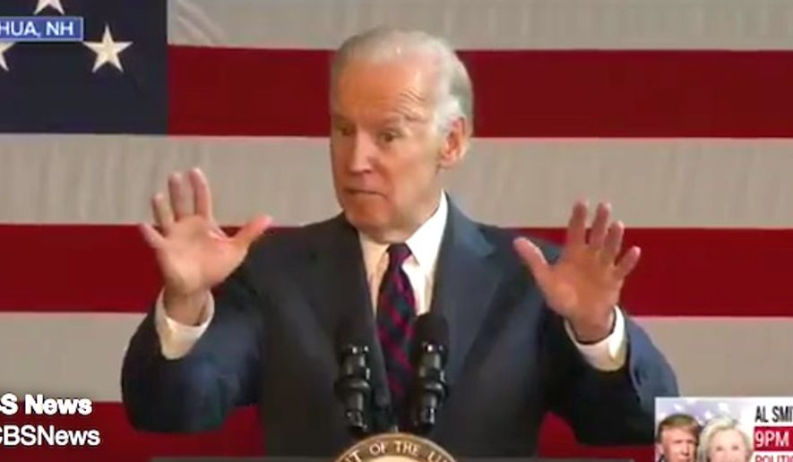 U.S. Vice President Joseph R. Biden told a crowd in Nashua, New Hampshire, on Thursday, Oct. 20, 2016, that Donald Trump may be too &quot;stupid&quot; to understand the damage his campaign rhetoric does to trust in political institutions. (Twitter, CBS News)