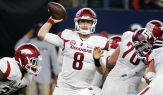 FILE- In this Sept. 24, 2016, file photo, Arkansas quarterback Austin Allen (8) throws a pass during the first half of an NCAA college football game against Texas A&amp;amp;M in Arlington, Texas. Allen has quickly established himself as one of the top quarterbacks in the Southeastern Conference in his first season as the starter. (AP Photo/Tony Gutierrez, File)