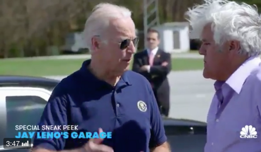 Vice President Joseph R. Biden and comedian Jay Leno, filming a segment for &quot;Jay Leno&#x27;s Garage.&quot; (Screen shot from Twitter video.)