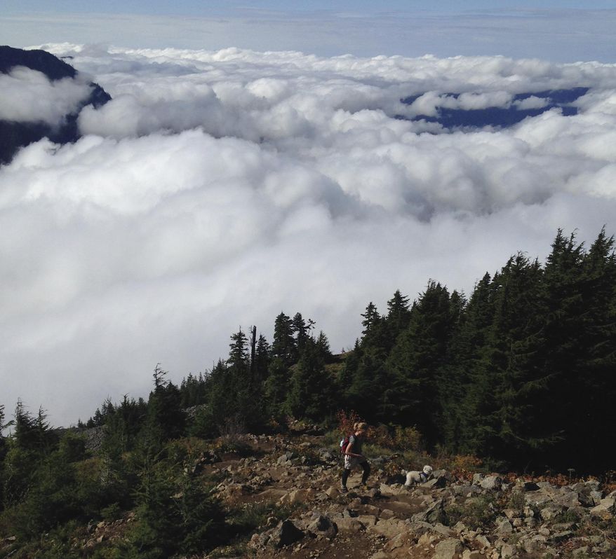 A hiker makes her final push to the top of Mailbox Peak on Oct. 2, 2016, near North Bend, Wash. A mailbox sits atop the peak and it's filled with letters and trinkets deposited by hikers. The peak also delivers stunning views that start about half a mile below the summit. (Craig Hill/The News Tribune via AP)