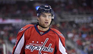 Washington Capitals right wing Tom Wilson (43) looks during the third period of an NHL hockey game against the Colorado Avalanche, Tuesday, Oct. 18, 2016, in Washington. The Capitals won 3-0. (AP Photo/Nick Wass)
