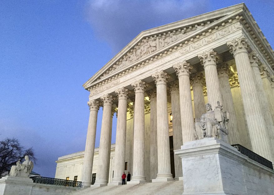 In this Feb. 13, 2016, file photo, people stand on the steps of the Supreme Court at sunset in Washington.  (AP Photo/Jon Elswick, file) **FILE**