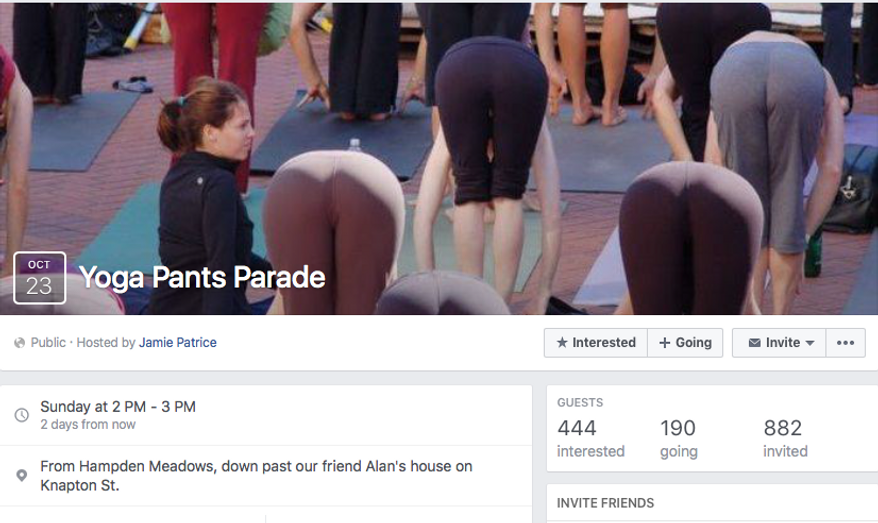 A Facebook page planning a "Yoga Pants Parade" for Sunday, Oct. 23 in Barrington, R.I., to protest a local man's letter-to-the-editor blasting the apparel choice as unsuitable for women over the age of 20. Screen capture from Facebook.