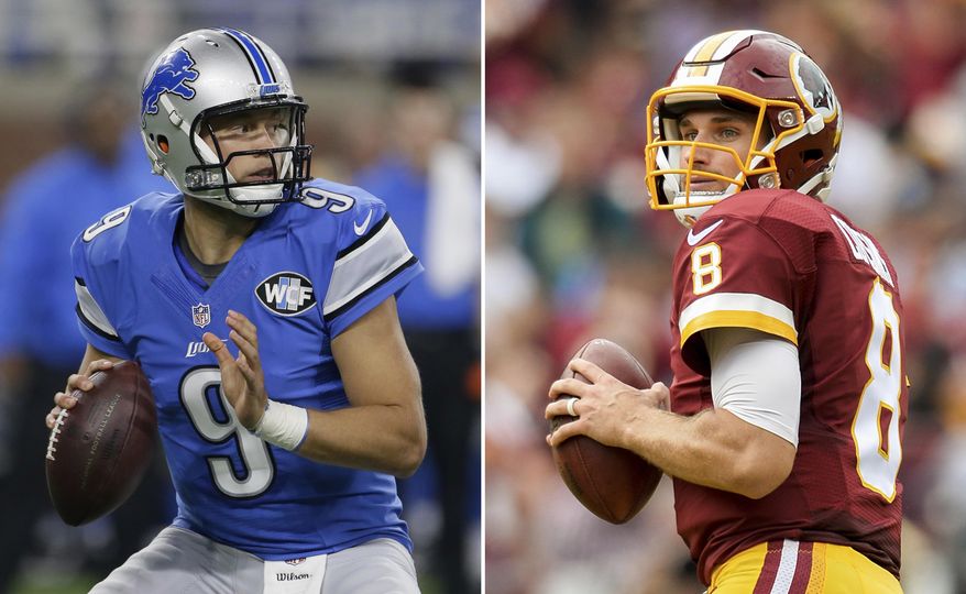 At left, in an Oct. 16, 2016, file photo, Detroit Lions quarterback Matthew Stafford looks downfield during the first half of an NFL football game against the Los Angeles Rams, in Detroit. At right, in an Oct. 2, 2016, file photo, Washington Redskins quarterback Kirk Cousins drops back to pass during an NFL football game against the Cleveland Browns, in Cleveland. The Redskins play the Lions Sunday at Ford Field for the first time since 2010. (AP Photo/File)
