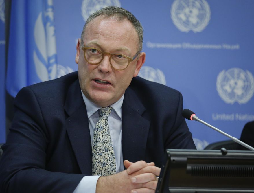 Ben Emmerson, U.N. special investigator on counter-terrorism and human rights, holds a news conference on migration policies, Friday, Oct. 21, 2016, at U.N. headquarters. Emmerson accused Republican presidential nominee Donald Trump on Friday of peddling "lies and xenophobia" by claiming a link between Syrian refugees and Islamic State extremists. (AP Photo/Bebeto Matthews)