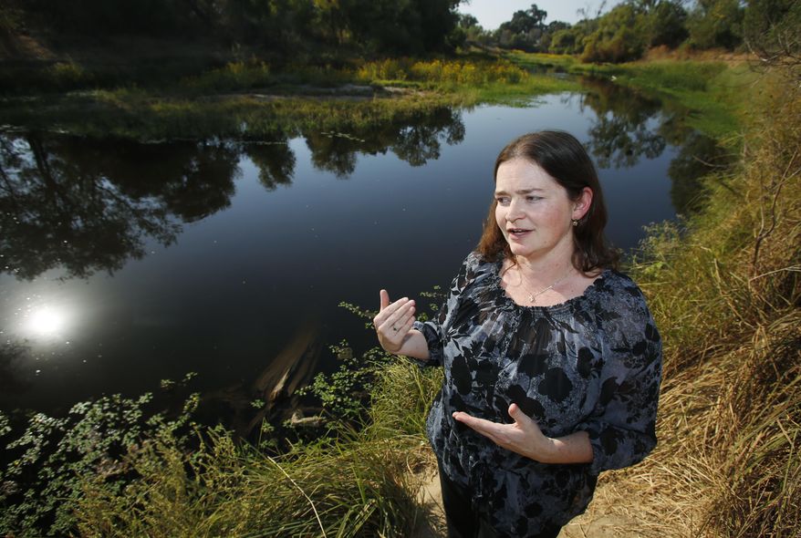 In this Sept. 28, 2016, photo, Elizabeth Vasquez of the U.S. Bureau of Reclamation explains efforts to return water to parts of the San Joaquin River that have long been dry during a tour of the confluence of the San Joaquin and Merced rivers in Stanislaus County, Calif. A decade ago, environmentalists and the federal government agreed to revive a 150-mile stretch of California's second-longest river, an ambitious effort aimed at allowing salmon to again swim up to the Sierra Nevada foothills to spawn. (AP Photo/Gary Kazanjian)