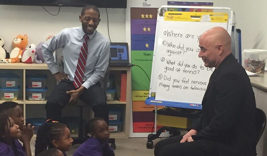 Andre Agassi found enthusiasm for education from second-grade students at Rocketship Rise Academy in the District&#x27;s Ward 8. (Julia Porterfield/The Washington Times)