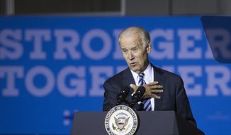 Vice President Joe Biden campaigns for Democratic presidential candidate Hillary Clinton at the Sinclair Community College Automotive Technology Building, Monday, Oct. 24, 2016, in Dayton, Ohio. (AP Photo/John Minchillo)