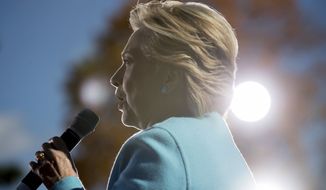 Democratic presidential candidate Hillary Clinton speaks at a rally at St. Anselm College in Manchester, N.H., Monday, Oct. 24, 2016. (AP Photo/Andrew Harnik)