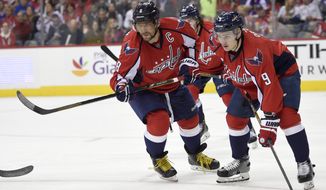 Washington Capitals left wing Alex Ovechkin (8) and defenseman Dmitry Orlov (9), both of Russia, look on during the first period of an NHL hockey game against New York Rangers, Saturday, Oct. 22, 2016, in Washington. (AP Photo/Nick Wass)