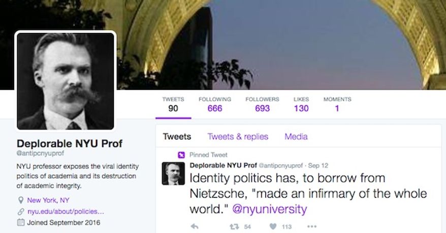 Michael Rectenwald, a clinical assistant professor of liberal studies at New York University, created an undercover Twitter account so he could blast political correctness and campus "safe space" culture without fear of reprisal from students or "social justice warriors." (Twitter/@antipcnyuprof)