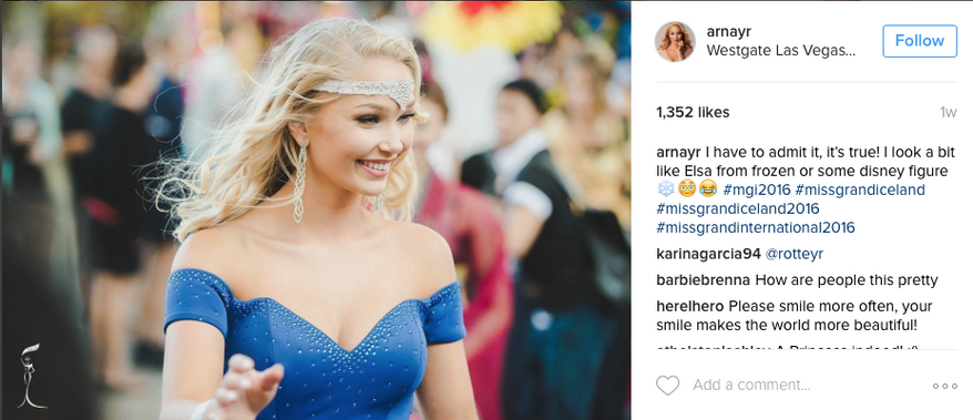 Icelandic beauty queen Arna Ýr Jónsdóttir, who resigned from a beauty contest due to organizers' demands she lose weight. Screen capture from her official Instagram account.