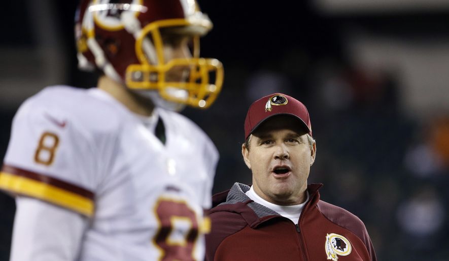 FILE - In this Dec. 26, 2015, file photo, Washington Redskins head coach Jay Gruden, right, watches quarterback Kirk Cousins warm up before an NFL football game against the Philadelphia Eagles in Philadelphia. Gruden is excited to face his former team in the Bengals. Gruden was Cincinnati’s offensive coordinator from 2011-2013 and is trying in Washington to help Kirk Cousins grow like Andy Dalton did.(AP Photo/Matt Rourke, File)