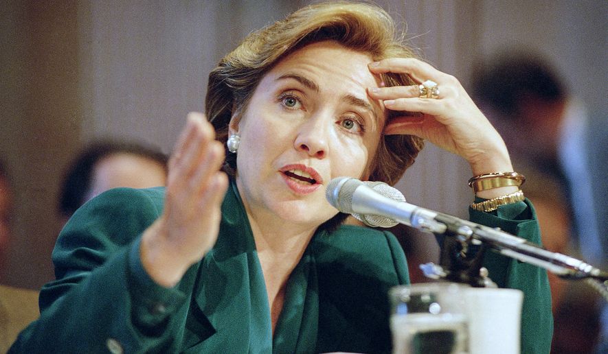 First Lady Hillary Clinton testifies before the Senate Finance Committee, which was holding hearings on health care reform, on Sept. 30, 1993. (Associated Press)