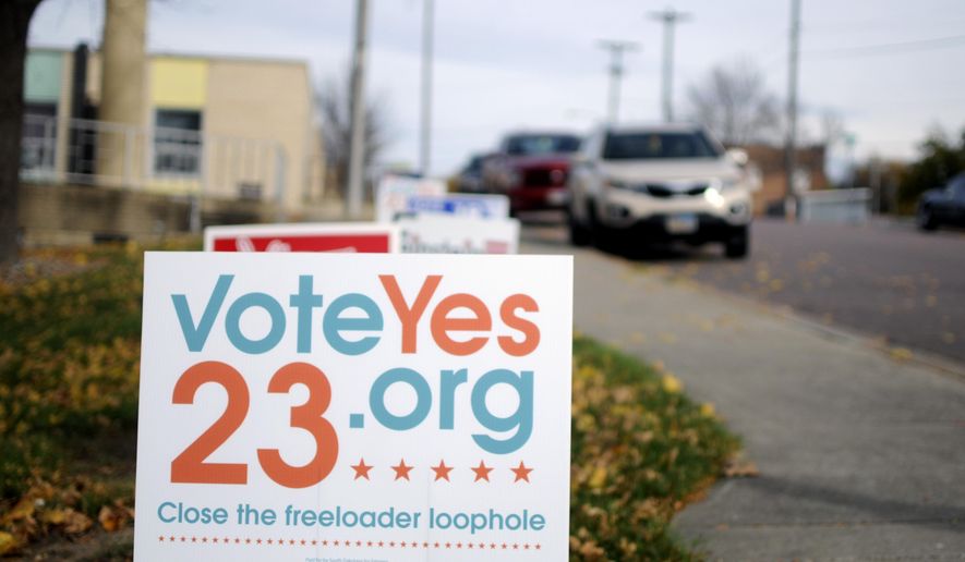 In this Friday, Oct. 28, 2016 photo, signs blow in the wind outside of the Labor Temple in Sioux Falls, S.D. New state campaign finance reports show that supporters of Initiated Measure 23, which would allow unions to charge fees to nonmembers, have brought in more than $620,000 since late May. (AP Photo/James Nord)