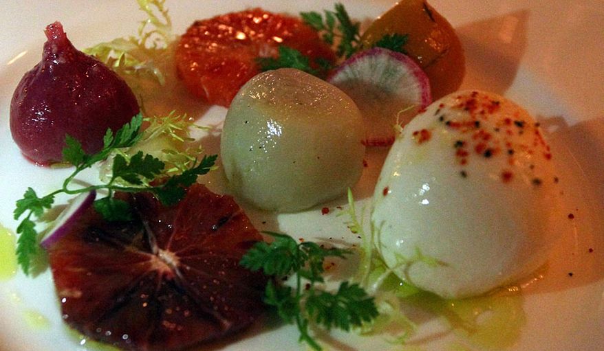 The Burrata cheese appetizer with mixed baby beets and blood orange citrus vinaigrette from the Lafayette at the Hay-Adams Hotel. (Photograph by Jacquie Kubin / Special to The Washington Times)