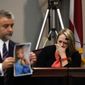 Leanna Taylor cries as defense attorney Maddox Kilgore shows the jury a picture of her son Cooper during a murder trial for her ex-husband Justin Ross Harris who is accused of intentionally killing Cooper in June 2014 by leaving him in the car in suburban Atlanta, Monday, Oct. 31, 2016, in Brunswick, Ga. (AP Photo/John Bazemore, Pool)