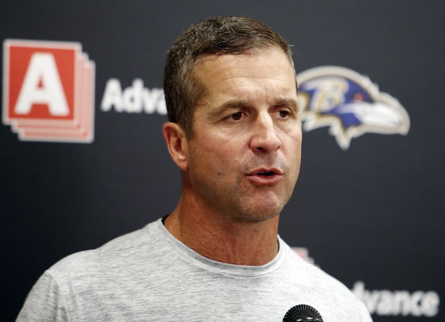 FILE - In this Sept. 18, 2016, file photo, Baltimore Ravens head coach John Harbaugh speaks to the media during a news conference after an NFL football game against the Cleveland Browns, in Cleveland.  The Ravens returned from their bye week rested, healed and eager to start a winning streak after going through October without a victory (AP Photo/Ron Schwane, File)
