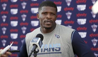 FILE - In this July 30, 2016, file photo, Tennessee Titans wide receiver Andre Johnson answers questions after NFL football training camp, in Nashville, Tenn. Titans wide receiver Andre Johnson, a seven-time Pro Bowl selection, is retiring at the age of 35. The Titans issued a release Monday, Oct. 31, 2016, announcing Johnson’s retirement. (AP Photo/Mark Humphrey, File)