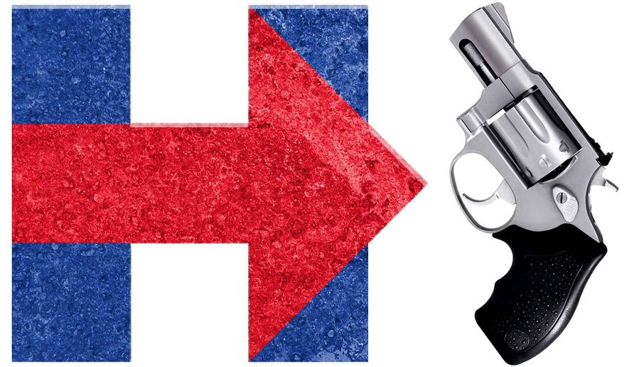 Illustration on Hillary and gun control by Alexander Hunter/The Washington Times