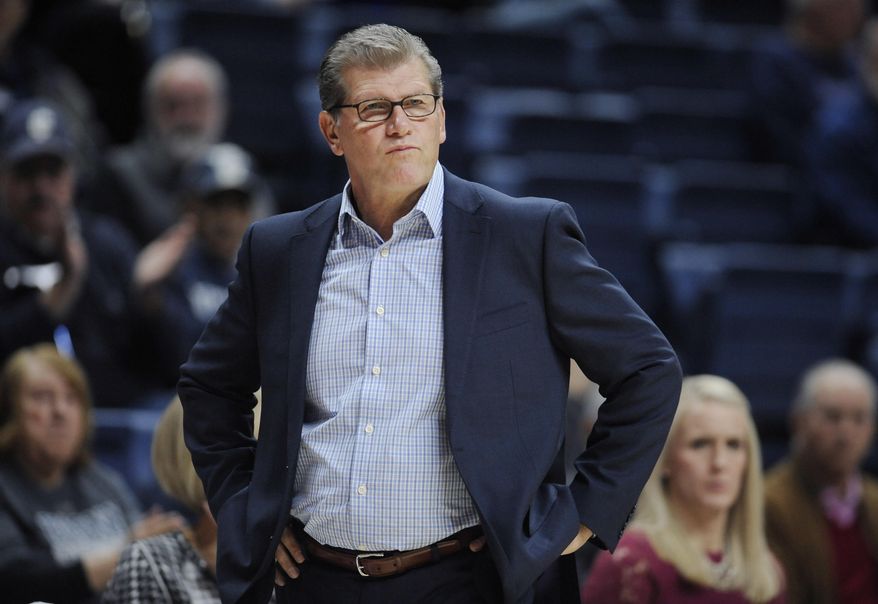 In this Tuesday, Nov. 1, 2016 photo, Connecticut head coach Geno Auriemma watches play during an NCAA college basketball exhibition game against Indiana University of Pennsylvania in Storrs, Conn. UConn enters the season on a 75-game winning streak, but is ranked third behind Notre Dame and Baylor in first AP poll.  (AP Photo/Jessica Hill)