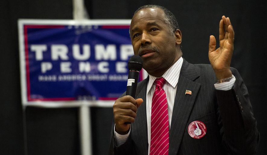 Republican Dr. Ben Carson speaks during a rally for Republican presidential candidate Donald Trump Friday, Nov. 4, 2016, at The Classical Academy in Colorado Springs, Colo. Dr. Carson and Oklahoma Gov. Mary Fallin campaigned for Trump.  (Christian Murdock/The Gazette via AP)
