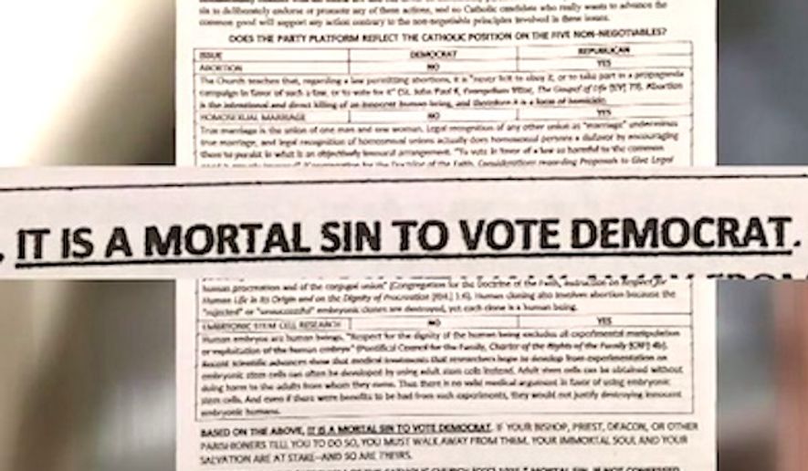 A Catholic church in San Diego is under fire for a handout parishioners received on the Democratic Party. The leaflet, created by an outside group, said voting for Democrats was a mortal sin. (NBC-7 San Diego)