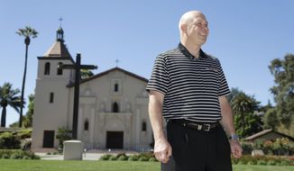 ADVANCE FOR WEEKEND EDITIONS, NOV. 5-6 - In this Sept. 23, 2016 photo, Santa Clara men&#39;s basketball coach Herb Sendek poses near the iconic Mission church on the university&#39;s campus in Santa Clara, Calif. While Sendek is running things at Santa Clara, Damon Stoudamire and Terry Porter have brought some serious NBA pedigree to coaching in the mid-major West Coast Conference. The league is suddenly full of some new, high-profile coaching names. (AP Photo/Marcio Jose Sanchez)