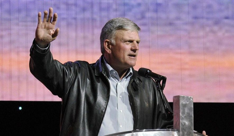 In this Sept. 27, 2014, photo, Christian evangelist Franklin Graham speaks in Erie, Pa. as part of a two-day music and evangelism festival. (Associated Press) **FILE**