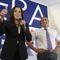 In this Nov. 3, 2016, photo, Democratic U.S. Senate candidate, Attorney General Kamala Harris gives a thumbs up to supporters during her visit to the campaign office of Rep. Ami Bera, D-Calif., in Elk Grove, Calif. (AP Photo/Rich Pedroncelli)