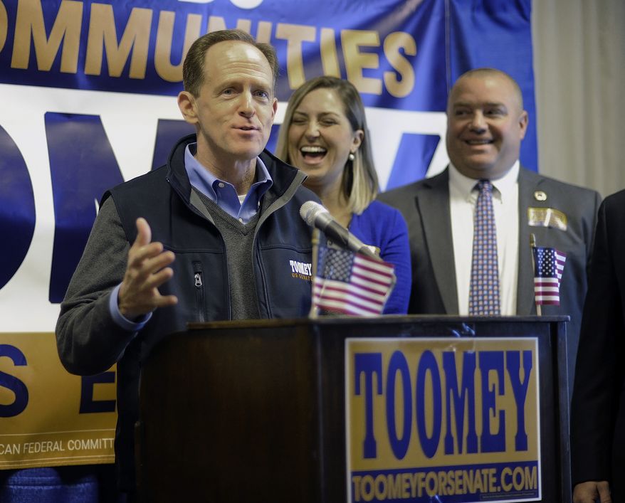 U.S. Sen. Pat Toomey speaks to supporters while making a campaign stop at the Holiday Inn Express in Avoca, Pa., Monday, Nov. 7. 2016. (Mark Moran/The Citizens&#39; Voice via AP)