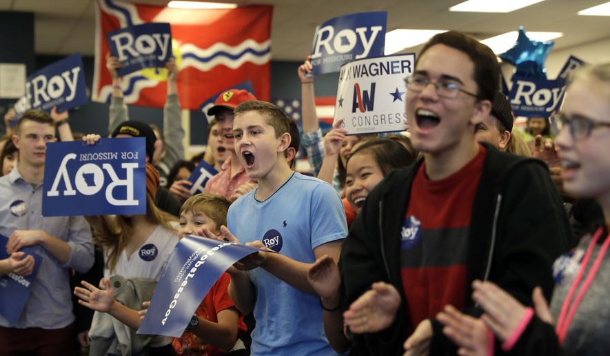 Supporters cheer as Republican incumbent Sen. Roy Blunt speaks at his campaign office Monday, Nov. 7, 2016, in Valley Park, Mo. Blunt is seeking a second term in a tight race with Democratic challenger Jason Kander. (AP Photo/Jeff Roberson)