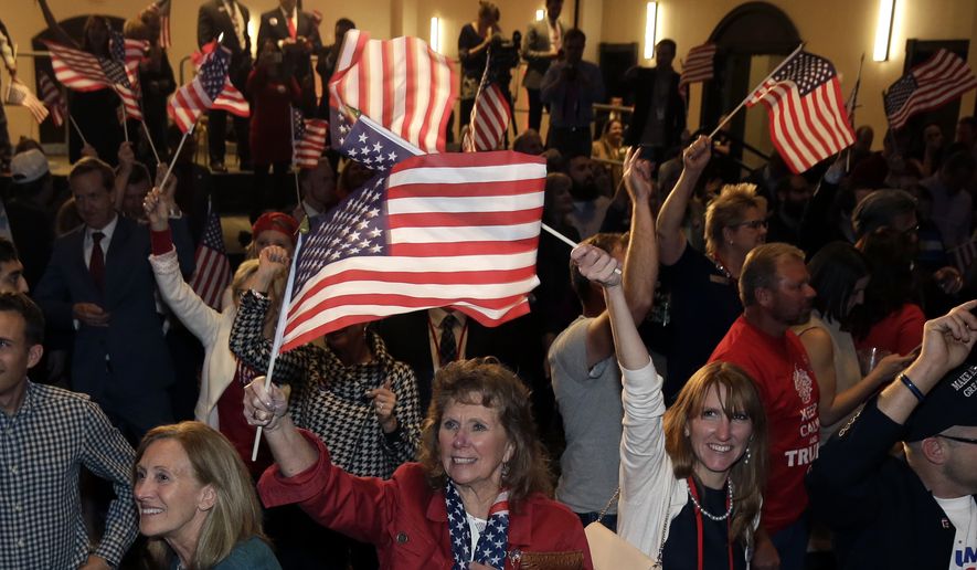 Supporters cheer while watching president-elect Donald Trump&#x27;s acceptance speech on television at the Colorado Republican election night party Tuesday, Nov. 8, 2016, in Greenwood Village, Colo. (AP Photo/Jack Dempsey) ** FILE **