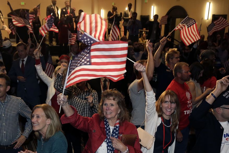 Supporters cheer while watching president-elect Donald Trump's acceptance speech on television at the Colorado Republican election night party Tuesday, Nov. 8, 2016, in Greenwood Village, Colo. (AP Photo/Jack Dempsey) ** FILE **