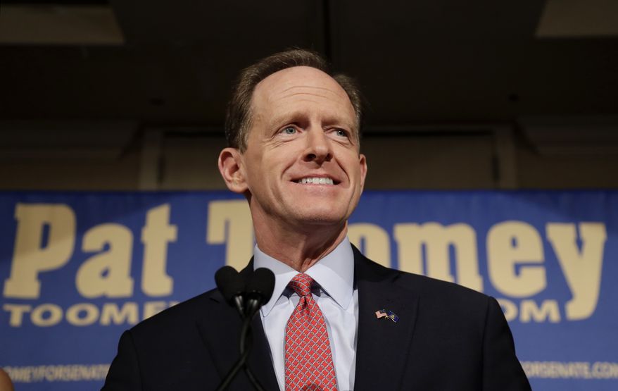Sen. Pat Toomey, R-Pa., smiles as he speaks to supporters during an election night event, early Wednesday morning, Nov. 9, 2016, in Breinigsville, Pa. (AP Photo/Matt Slocum)