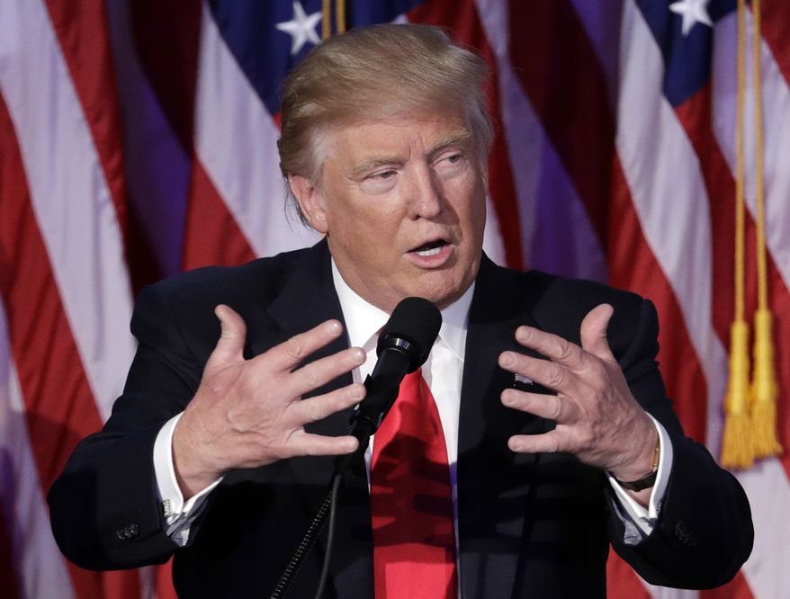 President-elect Donald Trump gives his acceptance speech during his election night rally, Wednesday, Nov. 9, 2016, in New York. (AP Photo/John Locher)