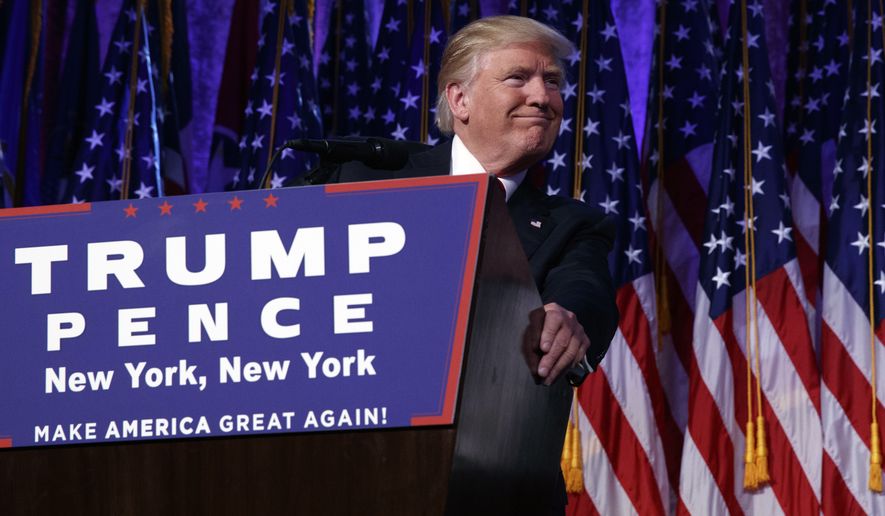 President-elect Donald Trump speaks during an election rally, Wednesday, Nov. 9, 2016, in New York. (AP Photo/ Evan Vucci)