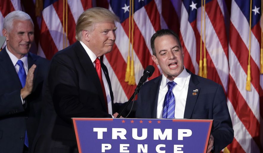 Reince Priebus, chairman of the Republican National Committee, right, speaks as President-elect Donald Trump gives his acceptance speech during his election night rally, Wednesday, Nov. 9, 2016, in New York. (AP Photo/John Locher)