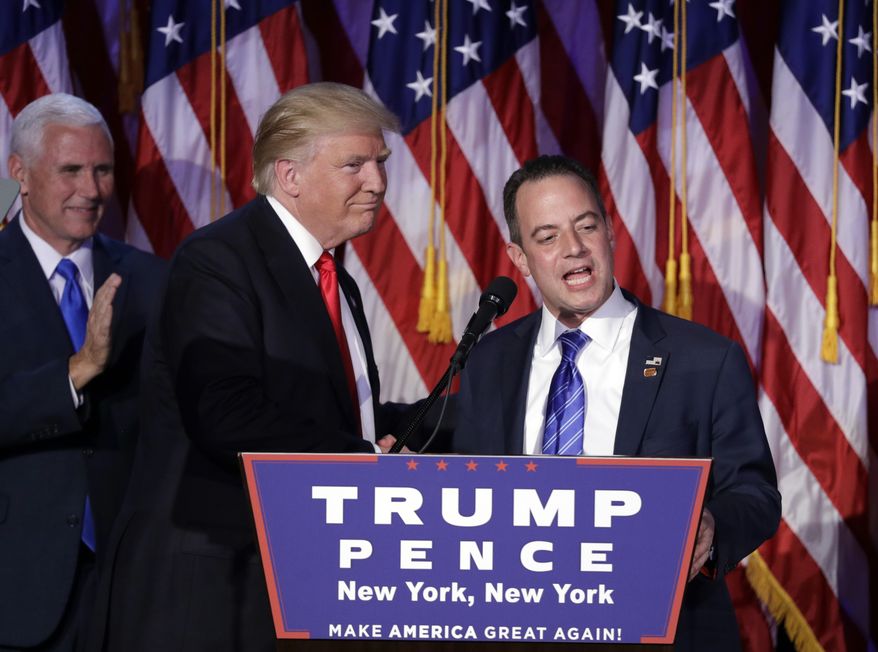 Reince Priebus, chairman of the Republican National Committee, right, speaks as President-elect Donald Trump gives his acceptance speech during his election night rally, Wednesday, Nov. 9, 2016, in New York. (AP Photo/John Locher)